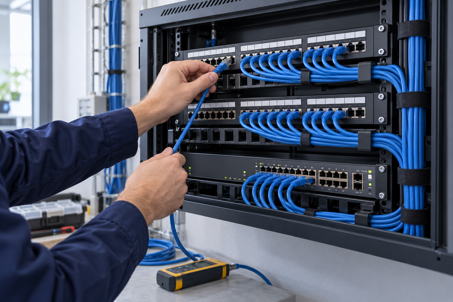 Ağ kablolaması, switch ve patch panel kurulumu için temsili görsel